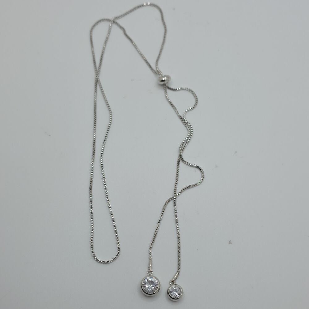 Macy Silver Tone Adjustable Box Chain Necklace Two Round Crystal Pendants